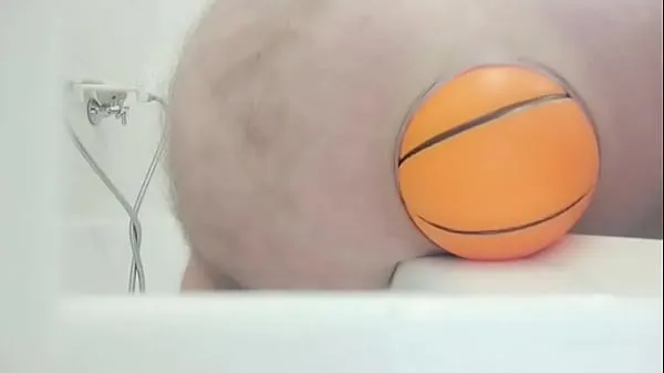 Show Huge 12cm wide Soccer Ball slides out of my Ass on side of Bath power Tube